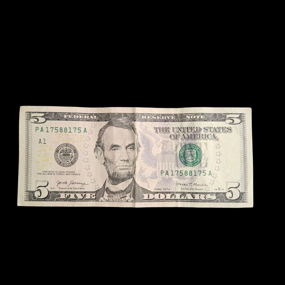 Fancy Serial Number 2017A $5 Five Dollar Bill Bookends Pair Fancy Serial Note